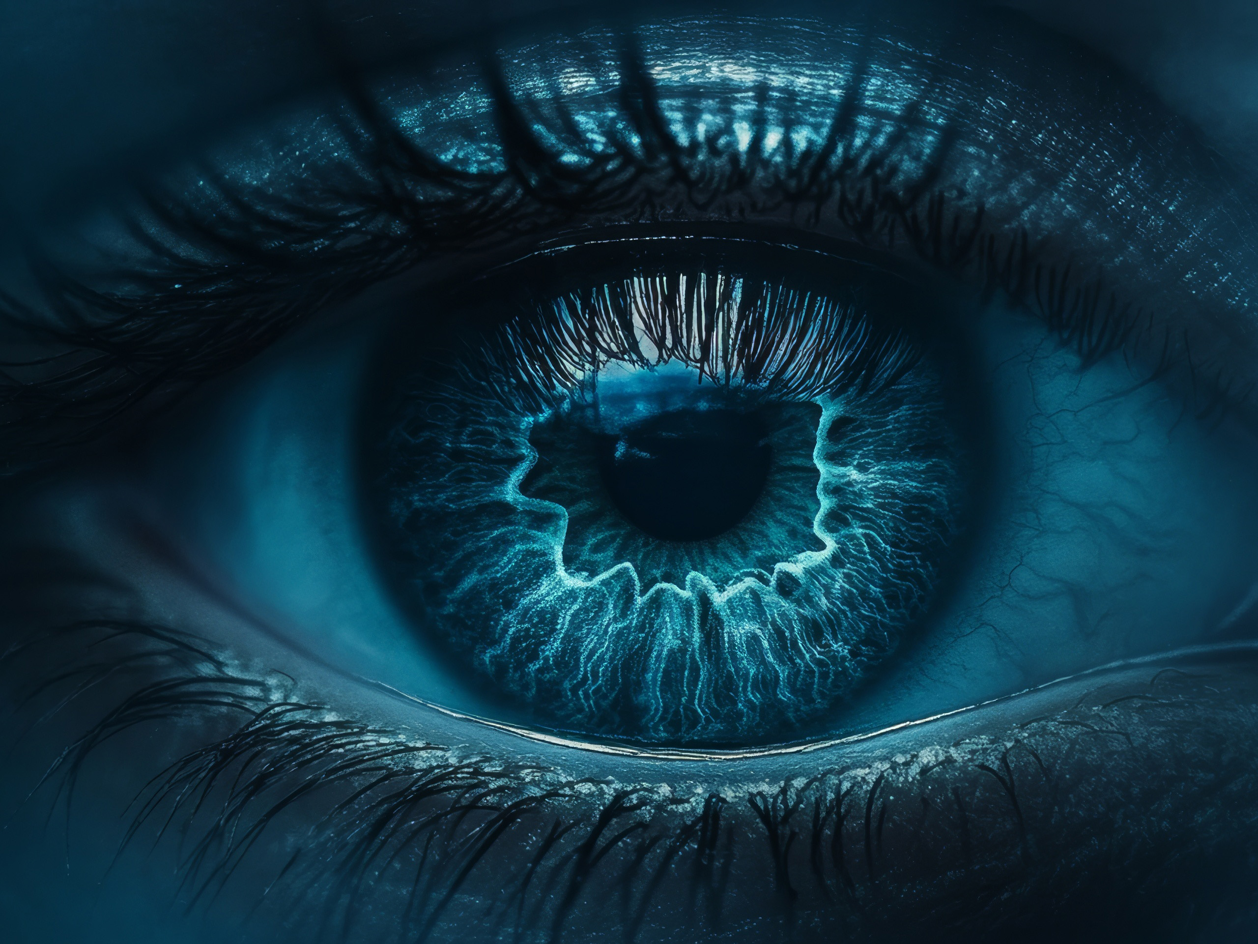 Close-up of a blue eye showing detailed iris and surrounding eyelashes.