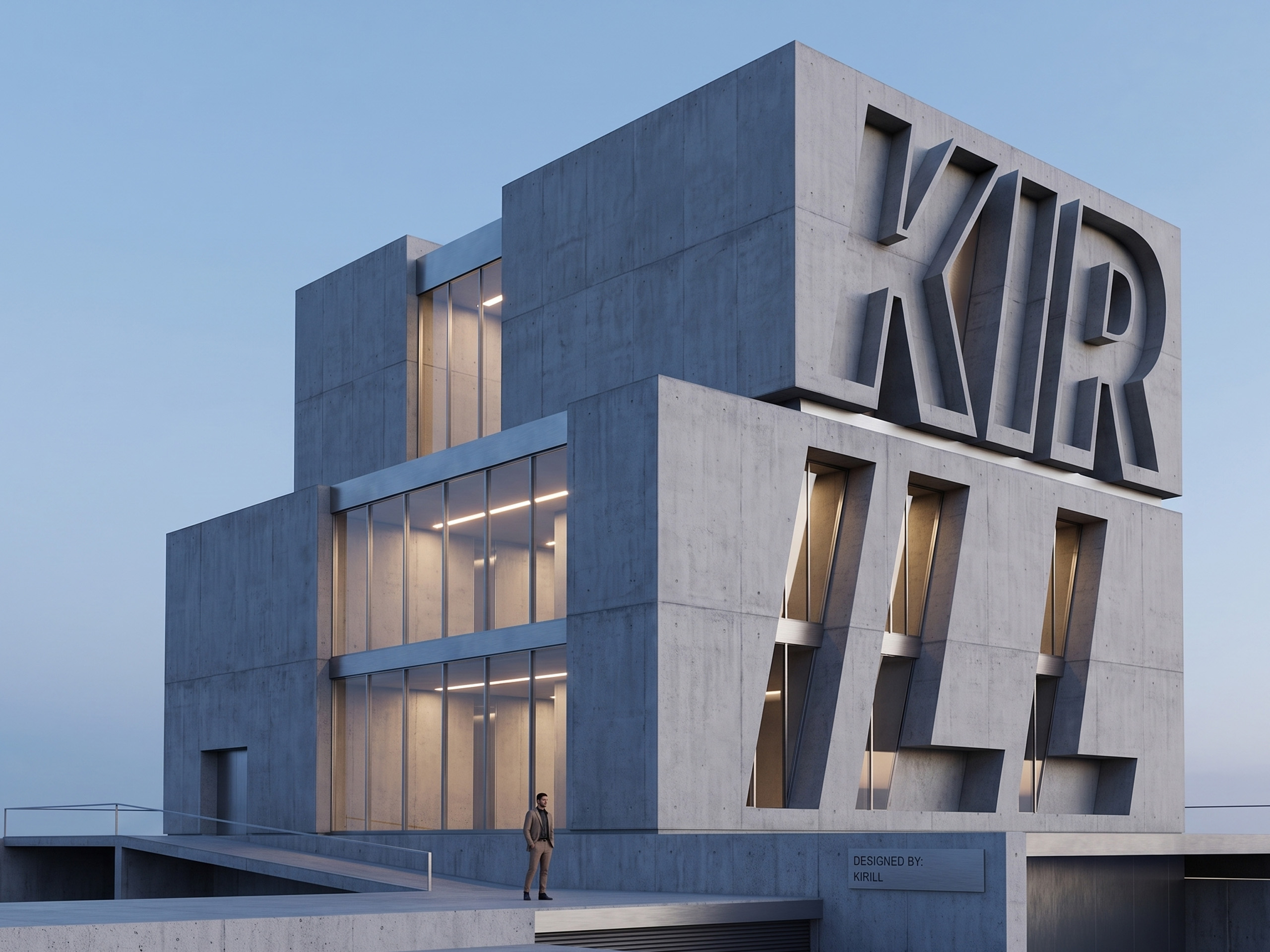 Modern concrete building with bold cut-out letters on the corner; a man stands on a walkway near a plaque reading 'DESIGNED BY: KIRILL'