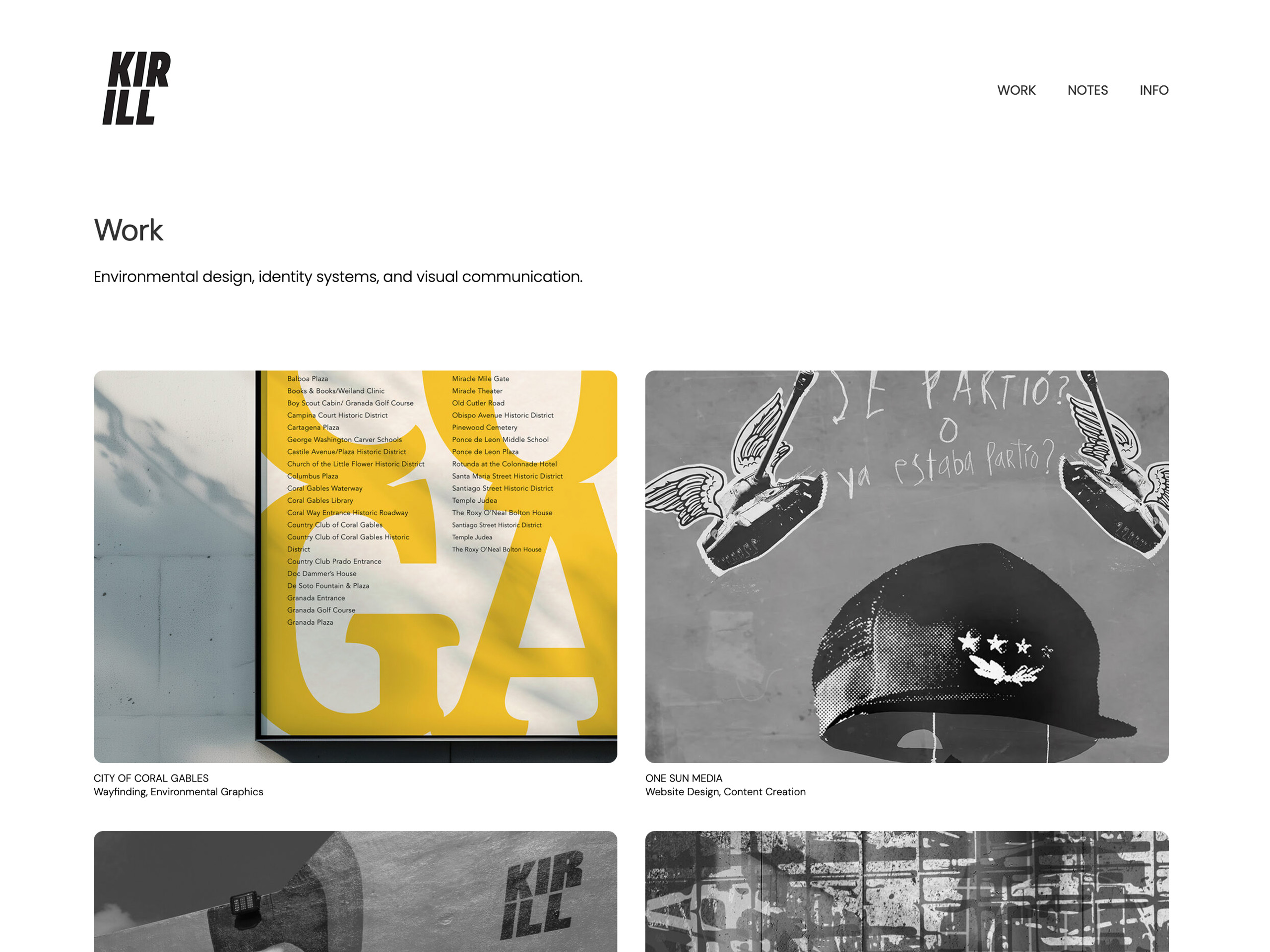 Header area: Kirill logo with top navigation and 'Work' section heading on a white background.
