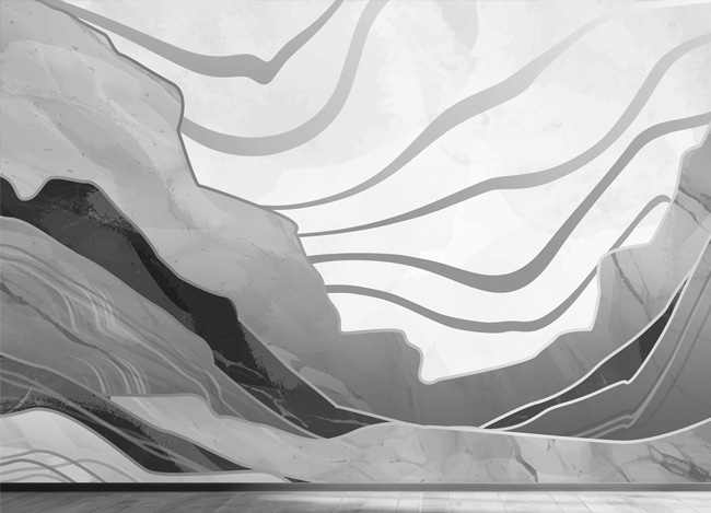 Monochrome abstract landscape with layered, flowing mountain ridges and a reflective foreground floor.