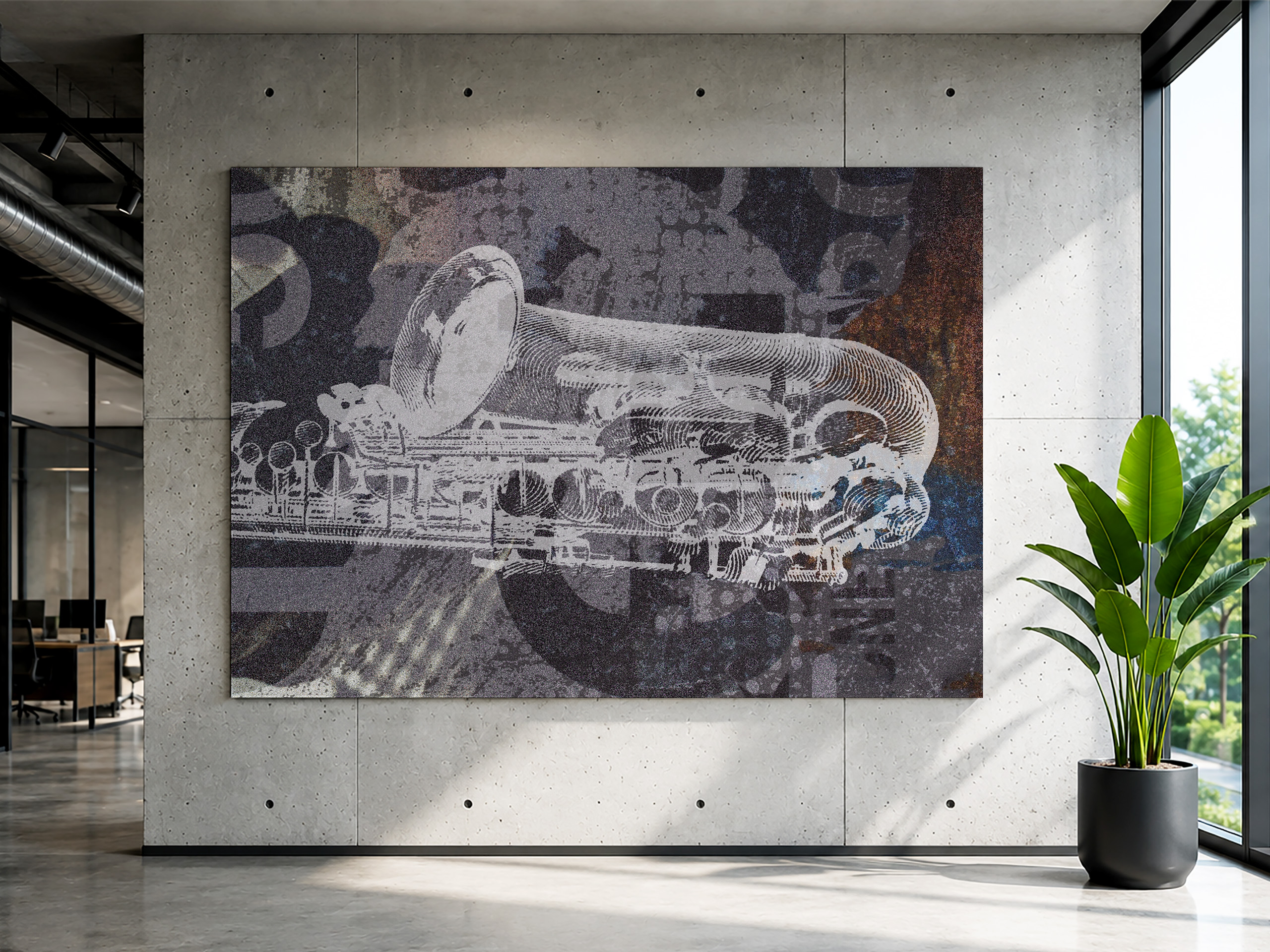 Large abstract grayscale mural on a concrete wall in a modern lobby, featuring circular, textured patterns.