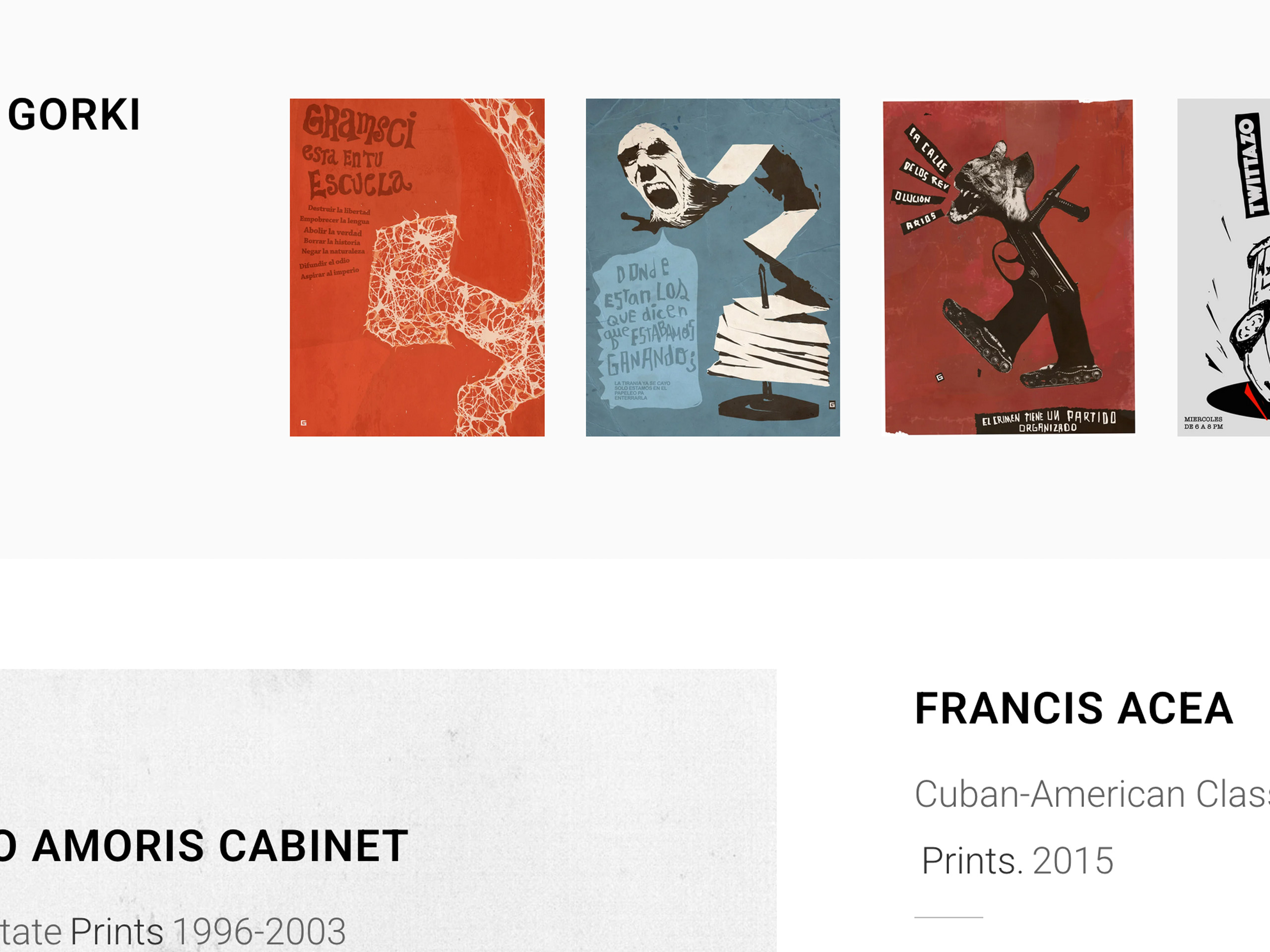 Left-aligned 'GORKI' title with four posters in orange, blue, red, and gray displayed in a horizontal gallery.