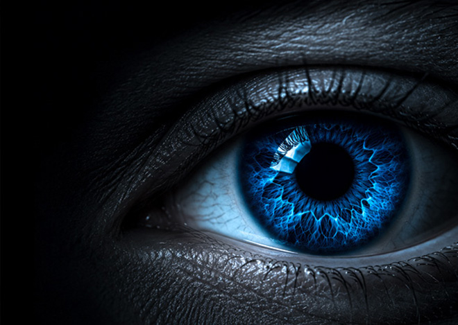 Close-up of a blue iris with detailed radial patterns, surrounded by dark skin and shadowed surroundings.