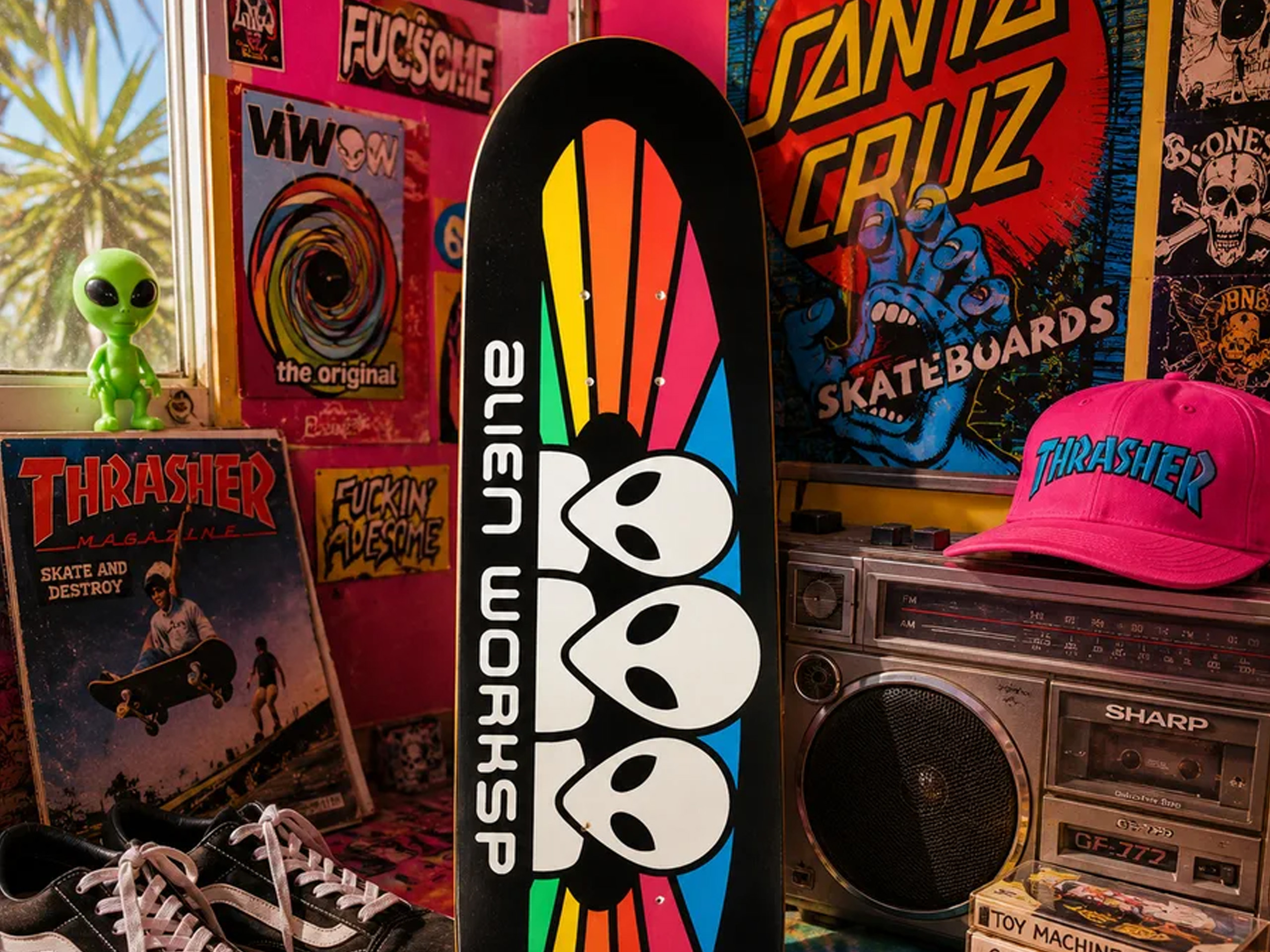 Colorful skateboard standing upright among bright posters and stickers, with a green alien figure on the left and a pink Thrasher cap on the right.