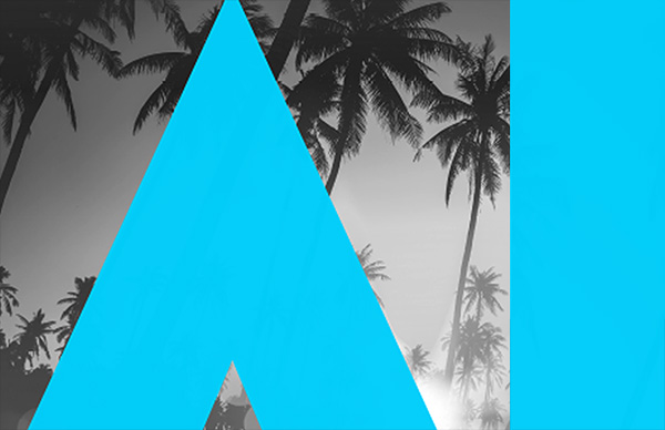 Large bright blue letter A over a grayscale palm tree background, likely a branding hero image, conveying a bold, tropical-themed brand mark.