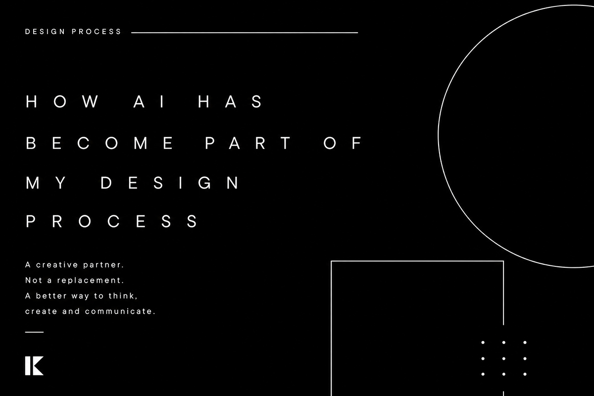 Bold black poster explaining how AI becomes part of my design process: large spaced title, small descriptive text, and geometric circle and square motifs with a logo bottom-left.