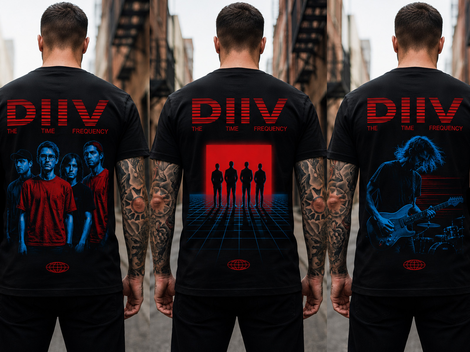 Triptych of back views wearing DIIV band tees: left with red-blue band members, center glowing red square with silhouetted figures, right guitarist in blue hues.