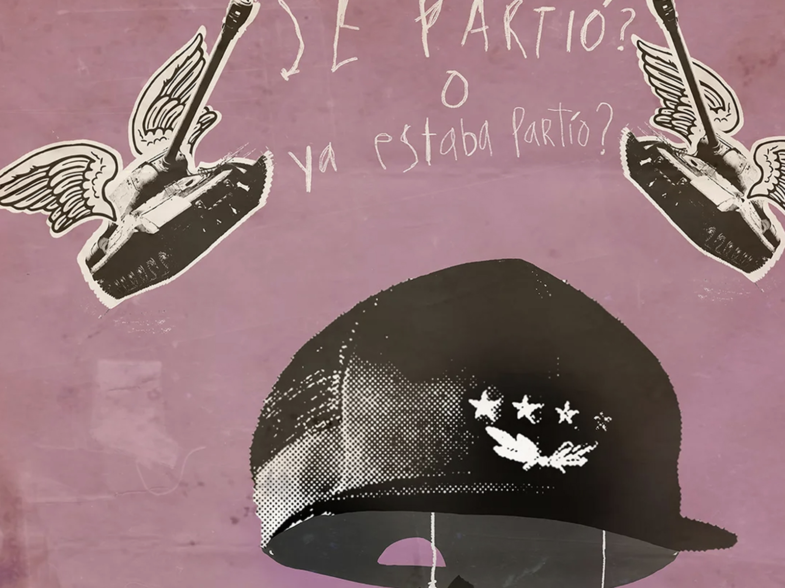 Pink poster-style illustration: a black helmet with a laurel on the front, with winged pencils or guns on either side and handwritten Spanish text in the background.