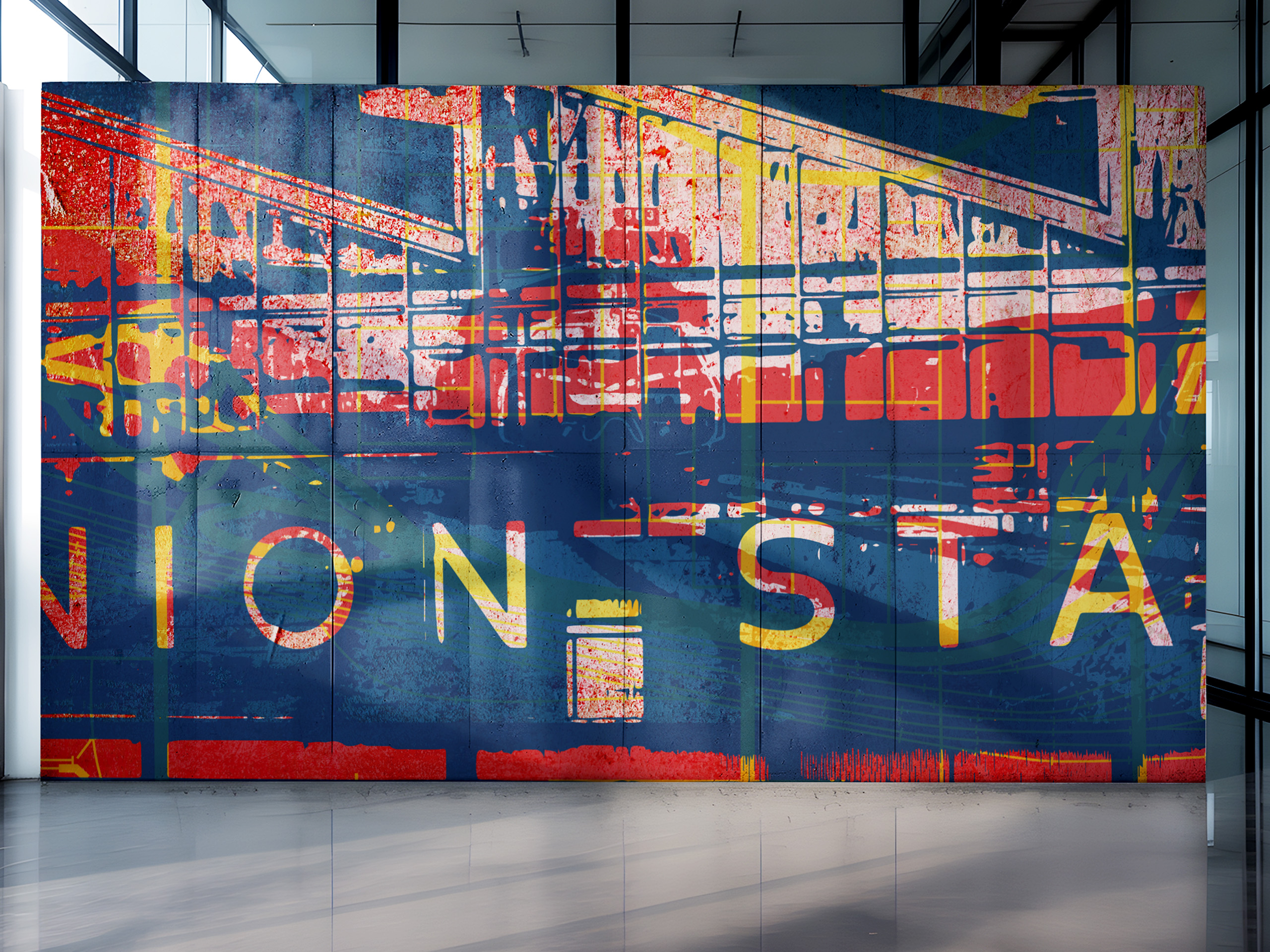 Vibrant abstract mural on a dark blue wall with red, yellow, and blue geometric shapes inside a modern interior gallery or lobby.