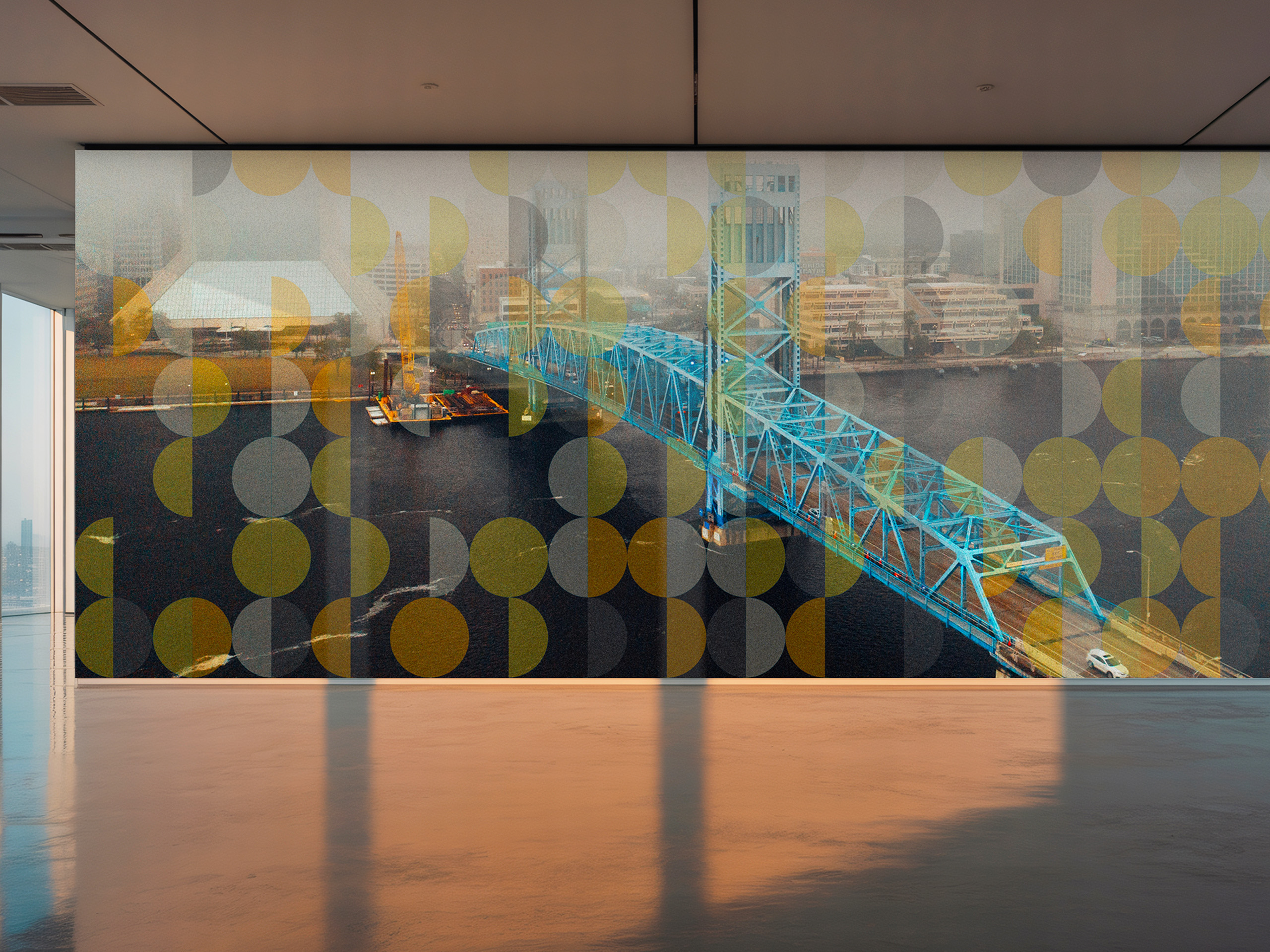 Interior wall mural of a blue bridge over a river with city buildings, overlaid by yellow circular patterns.