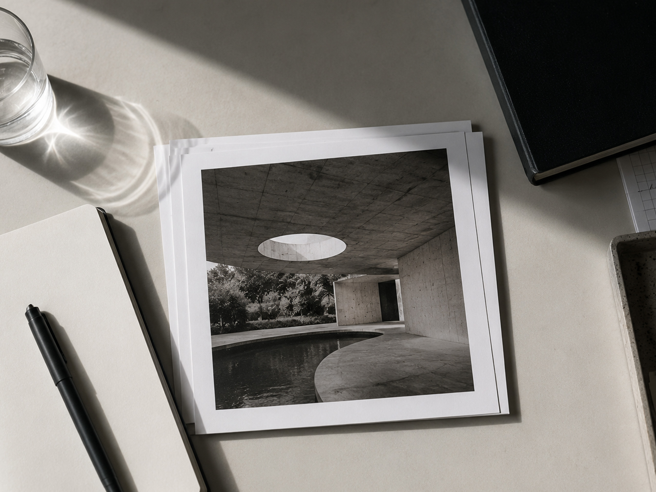 Top-down view of a desk with a black-and-white architectural print, a glass of water, a notebook, and a pen nearby.